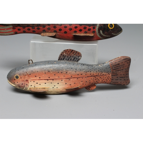 440 - TWO FOLK ART ICE FISHING LURES, comprising two carved and painted wood trout, with tin fins, metal l... 