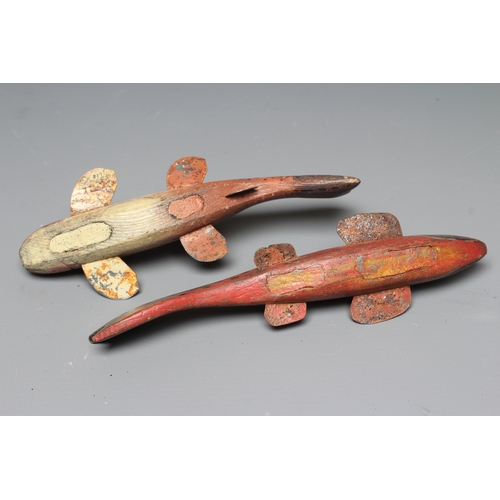 440 - TWO FOLK ART ICE FISHING LURES, comprising two carved and painted wood trout, with tin fins, metal l... 
