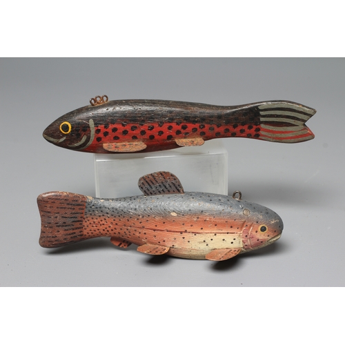 440 - TWO FOLK ART ICE FISHING LURES, comprising two carved and painted wood trout, with tin fins, metal l... 