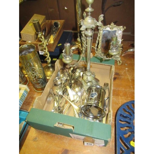 413 - BOX OF CUTLERY AND METAL WARE INCLUDING CANDLESTICK