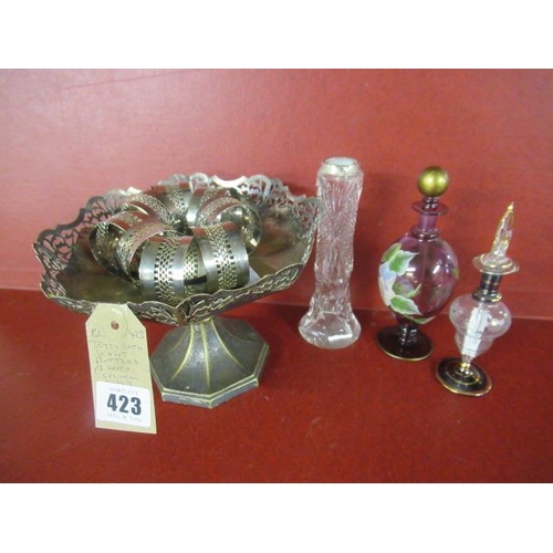 423 - TAZZA WITH SCENT BOTTLES (ONE WITH SILVER RIM) AND NAPKIN RINGS
