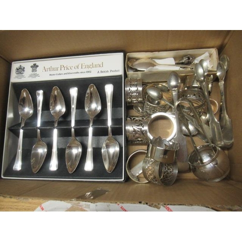 428 - BOX OF EPNS CUTLERY AND NAPKIN RINGS INCLUDING ARTHUR PRICE SPOONS