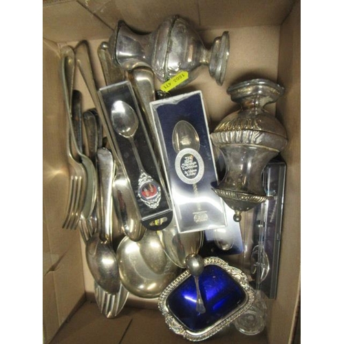 431 - BOX OF METAL WARE INCLUDING EPNS CRUET SET AND COLLECTORS SPOONS