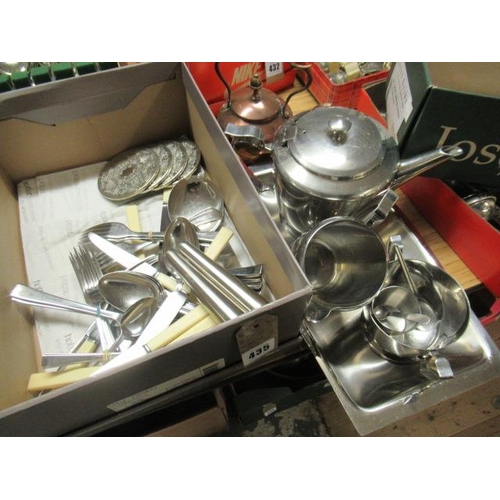 435 - BOX OF METAL WARE INCLUDING CUTLERY, TEA SERVICE AND SMALL COPPER KETTLE