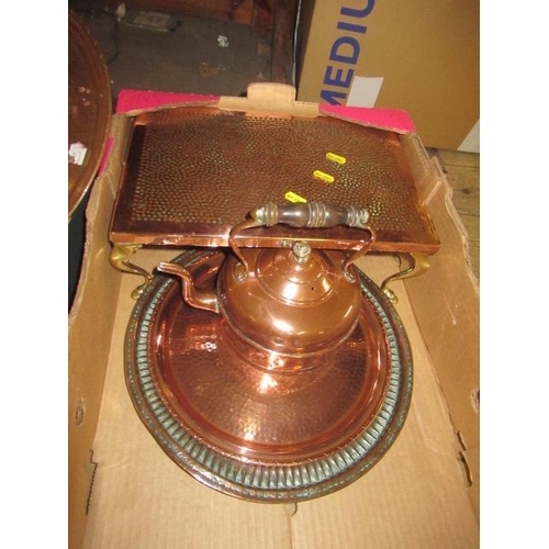 441 - COPPER STAND, KETTLE AND PLATTERS