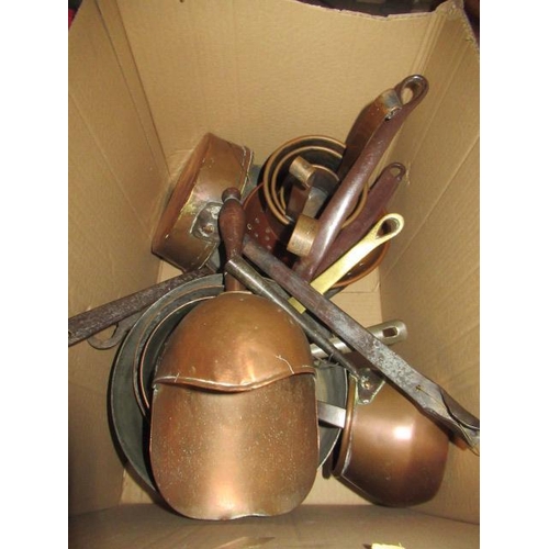 442 - BOX OF COPPER PANS ETC