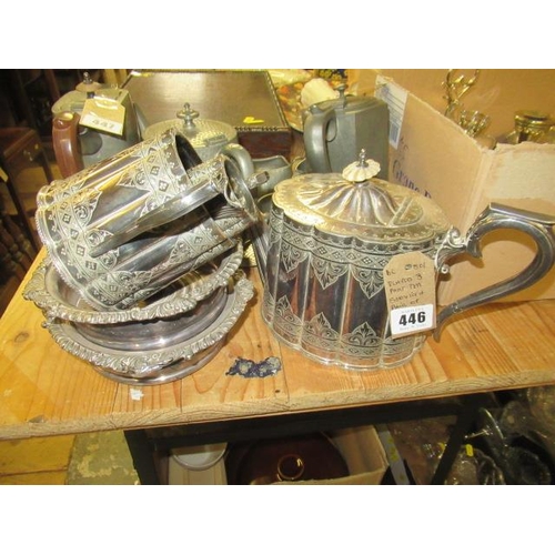 446 - EPNS THREE PIECE TEA SERVICE AND A PAIR OF COASTERS