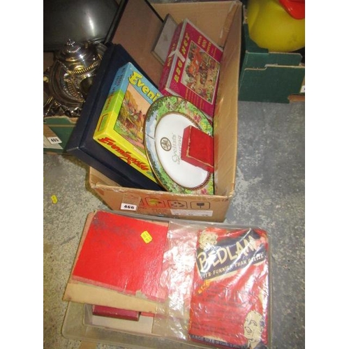 466 - BOX OF VINTAGE GAMES, FRAMES AND CYCLE PLATES ETC