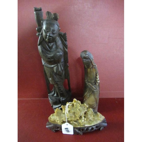 468 - ORIENTAL WOOD AND HORN FIGURES AND HARDSTONE GRAPE VINE