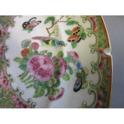 1 - A SET OF FOUR CANTONESE PORCELAIN FAMILLE ROSE PLATES painted with four panels of figures and birds ... 