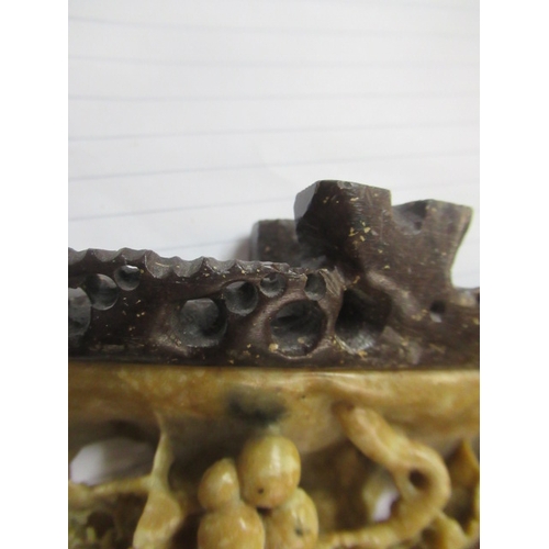 468 - ORIENTAL WOOD AND HORN FIGURES AND HARDSTONE GRAPE VINE