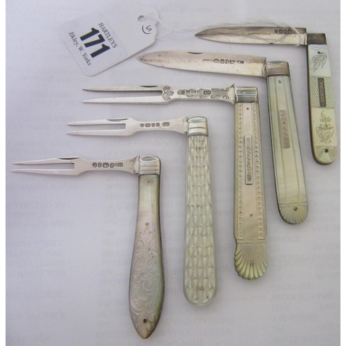 171 - THREE VICTORIAN SILVER FOLDING FRUIT FORKS, one by Aaron Hadfield, Sheffield 1834, another by Thomas... 