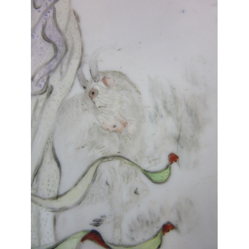 4 - A CHINESE PORCELAIN OBLONG PLAQUE, on glaze painted in pastel shades with a vignette of an aged trav... 
