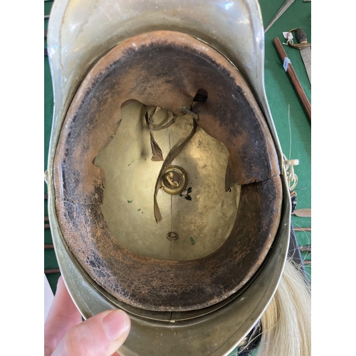 430 - A 1ST WEST YORKSHIRE YEOMANRY CAVALRY HELMET with white metal skull, brass central badge, tall plume... 