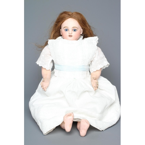 102 - A Jules Steiner bisque head automaton doll, with blue glass fixed eyes, open mouth, teeth, pierced e... 