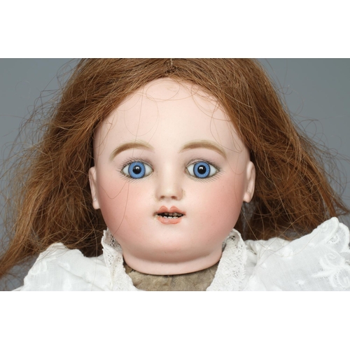 102 - A Jules Steiner bisque head automaton doll, with blue glass fixed eyes, open mouth, teeth, pierced e... 