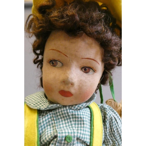 106 - Chad Valley girl doll, of fabric construction, with sideways glancing painted eyes, shirt, felt dres... 