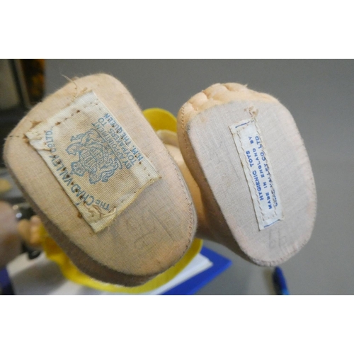 106 - Chad Valley girl doll, of fabric construction, with sideways glancing painted eyes, shirt, felt dres... 