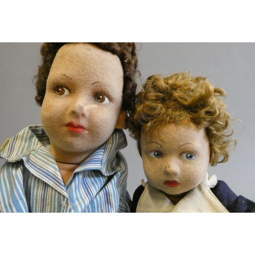 107 - Two Farnell's Alpha Toys dolls, both of felt construction, with painted features, sideways glancing ... 