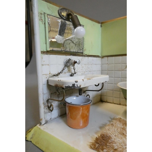 110 - A tin doll's working bathroom/display, with fitted electronics and plumbed water system, 11