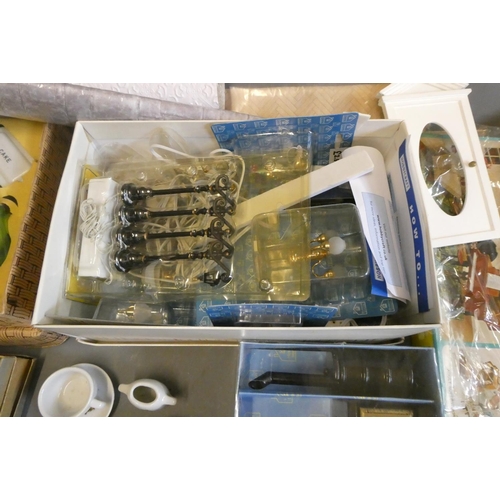 111 - Doll's house furniture and accessories, including wood and metal fixtures, boxed light fittings, kit... 