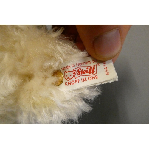 126 - A white Steiff growling teddy bear, with gold sewn nose, matching bow, felt pads, ear stud and label... 