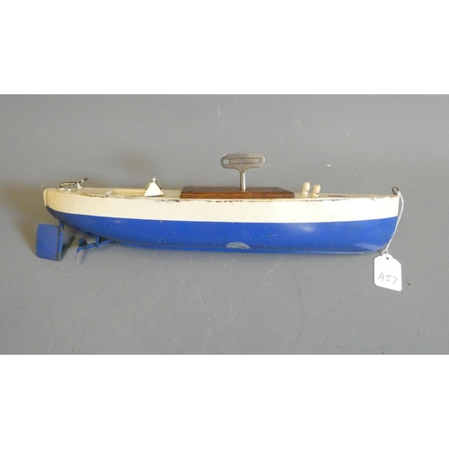 277 - Sutcliffe Boats clockwork Meteor speed boat, some minor paint damage and windscreen loose, clockwork... 