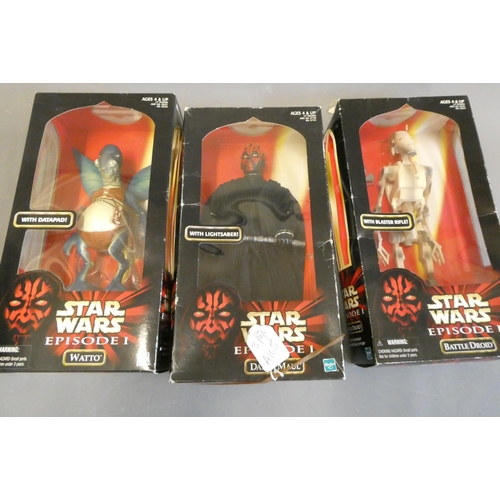 324 - Three modern Hasbro Star Wars figures comprising Battle Droid, Watto and Darth Maul. All boxed, exce... 