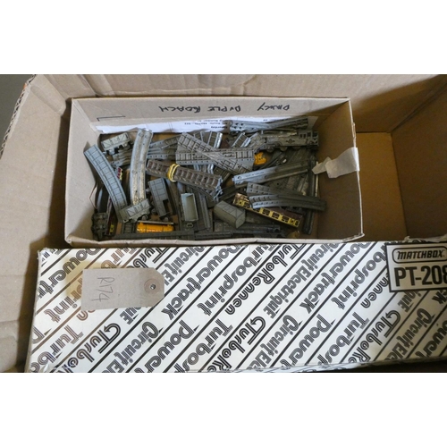 596 - Playworn Lone Star 000 track, wagons and Matchbox car, track poor