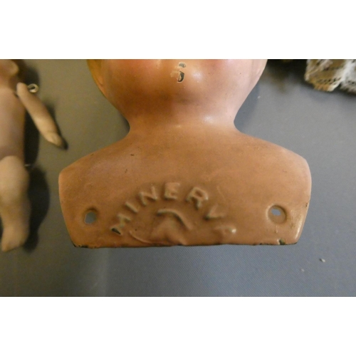 68 - Seven vintage dolls, comprising three all bisque doll's house dolls, including one with glass eyes, ... 