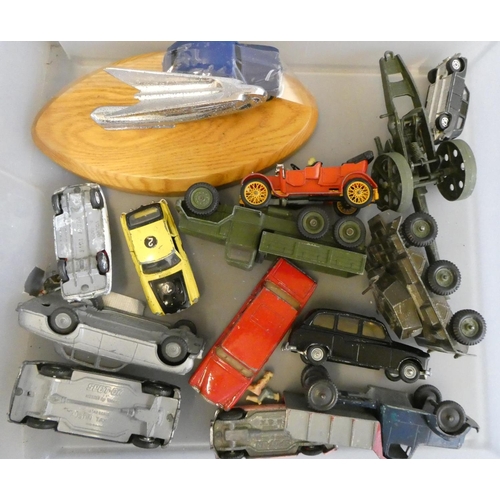 738 - Unboxed playworn vehicles by Corgi, Spot-On and others including army trucks and car bonnet ornament... 