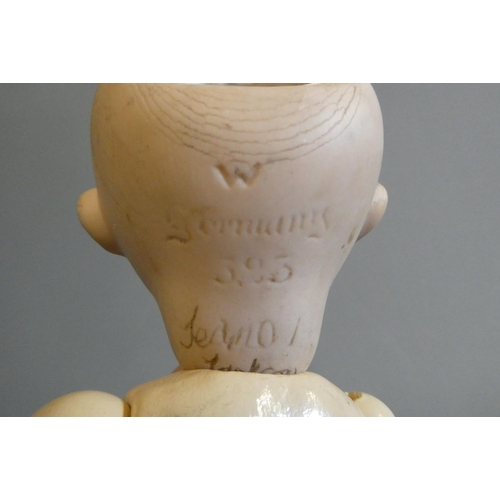 94 - An Armand Marseille type bisque socket head character doll, with large sideways glancing glass eyes,... 