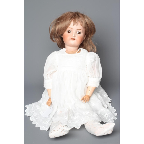 99 - A Kestner bisque socket head doll, with brown glass sleeping eyes, open mouth, applied teeth, wood a... 