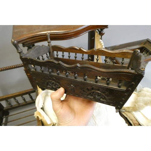 104 - Three antique doll's beds, all of wood construction, comprising two half testers and one with turned... 