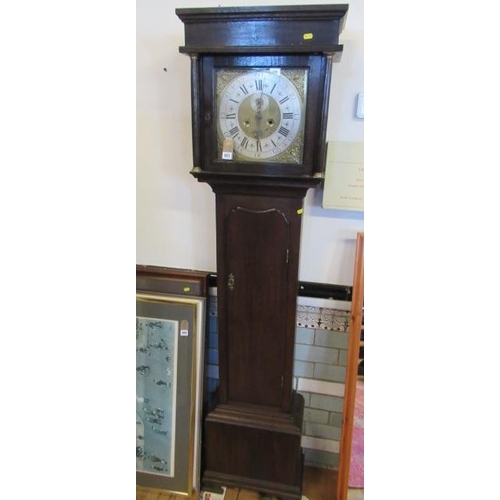 927 - ANTIQUE OAK CASED LONGCASE CLOCK WITH PENDULUM AND WEIGHT