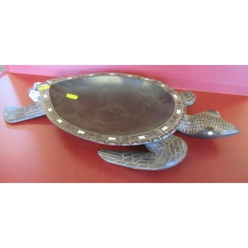 19 - HAND CARVED FIJIAN TURTLE BOWL WITH SHELL INLAY