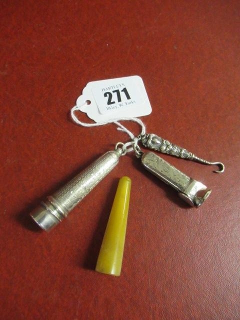 SILVER CIGAR CUTTER, CHEROOT HOLDER AND MINIATURE BUTTON HOOK
