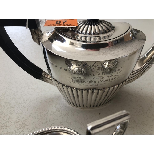 87 - 1899 sterling silver tea set comprising tea pot, sugar bowl and milk jug engraved