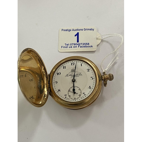 1 - Thos russell full hunter pocket watch. Gold plated and engraved to george woods for service at coal ... 