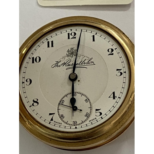 1 - Thos russell full hunter pocket watch. Gold plated and engraved to george woods for service at coal ... 