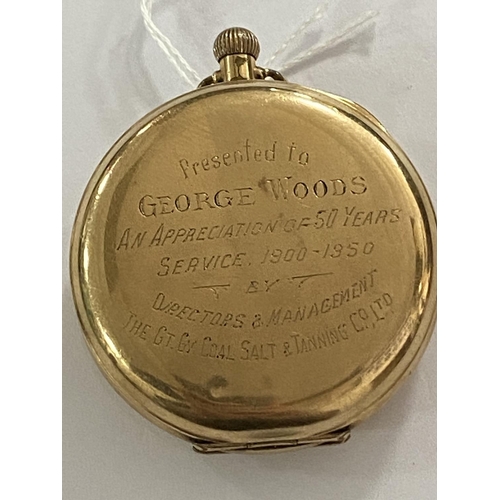 1 - Thos russell full hunter pocket watch. Gold plated and engraved to george woods for service at coal ... 