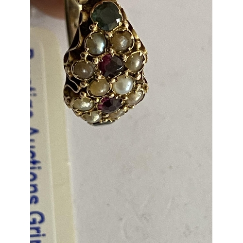 102 - antique 15ct gold ring with sufrogate coulr stones, seed pearl and weighs 3.9g and is a size R