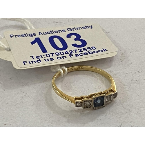 103 - antique 18ct gold art deco light saphire and diamond ring size r and a half and weighs 2.2g