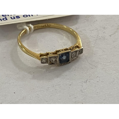 103 - antique 18ct gold art deco light saphire and diamond ring size r and a half and weighs 2.2g