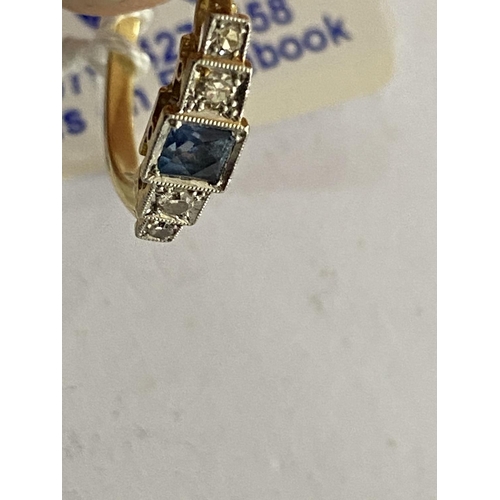 103 - antique 18ct gold art deco light saphire and diamond ring size r and a half and weighs 2.2g