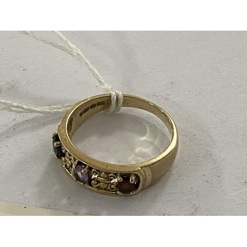 106 - multi coloured stone 9ct gold ring size R weighs 3.6g