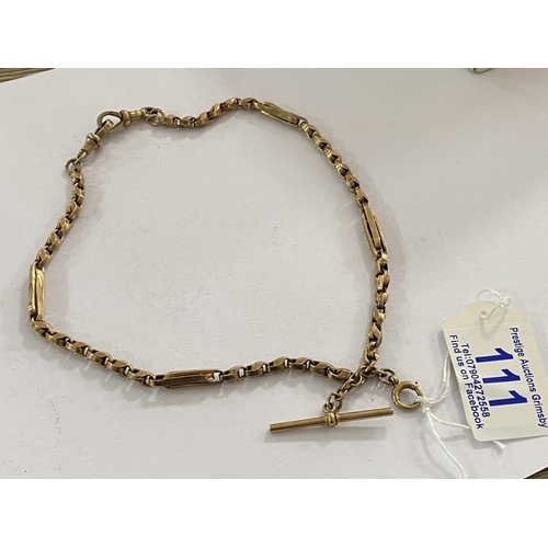 111 - 9ct gold watch chain of unusual design with a t bar and weighs 16.9g