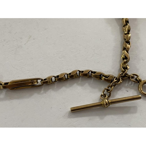 111 - 9ct gold watch chain of unusual design with a t bar and weighs 16.9g