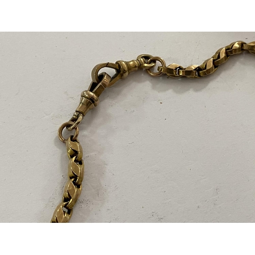 111 - 9ct gold watch chain of unusual design with a t bar and weighs 16.9g