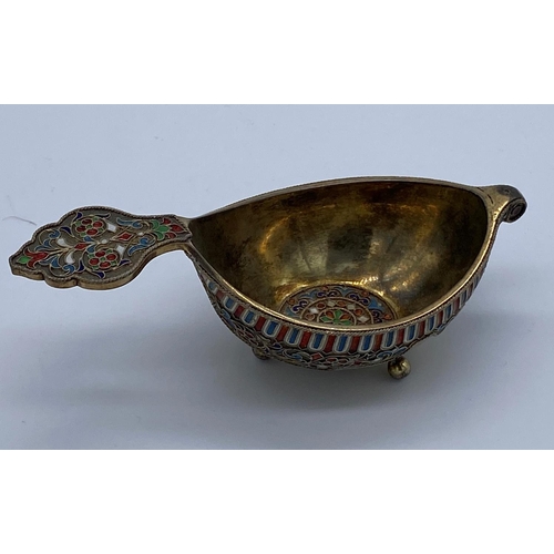 120 - Antique 19th century imperial russian solid silver and cloisonne enamel kovsh, the bowl with a wide ... 